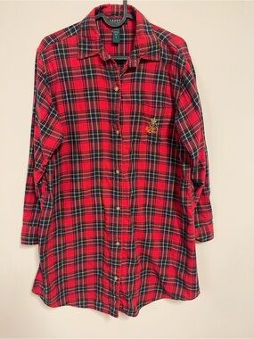 Lauren Ralph Lauren Night Shirt Women Small Plaid Button Up Cheetah Print Collar